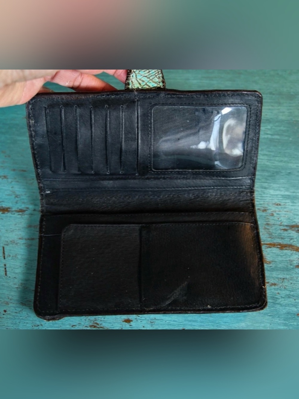 Vintage Double J Saddlery Hand Crafted Turquoise Crocodile Wallet Engraved Studs - Picture 6 of 11